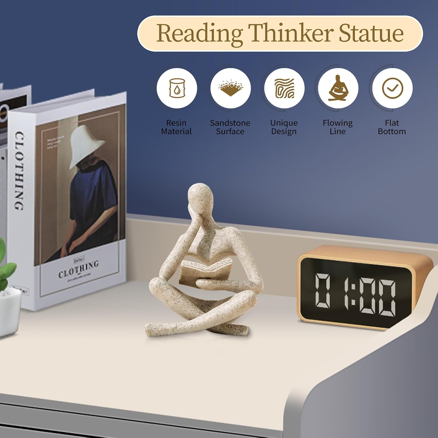 NestlyCo Bookshelf Decor Thinker Statue - Abstract Art Reading Thinker Sculpture Figurine Aesthetic