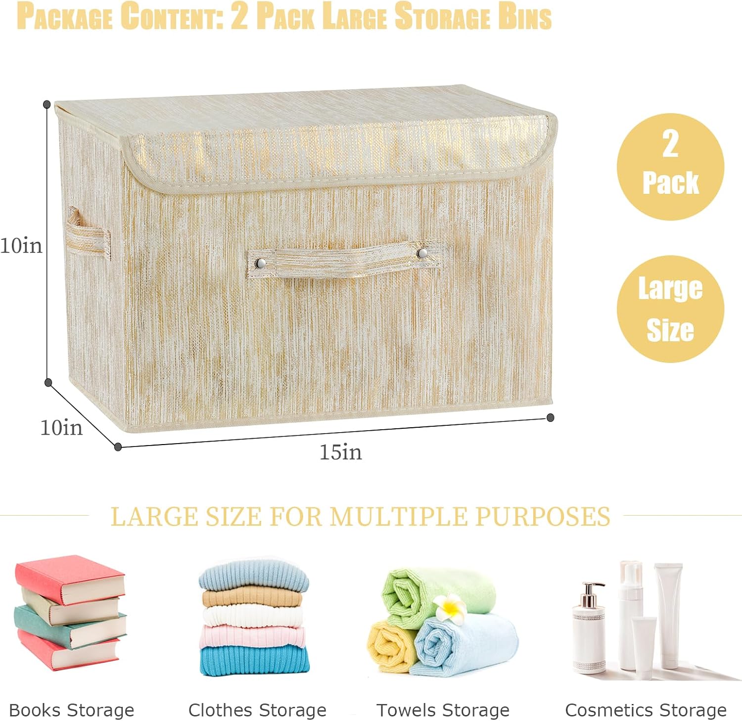 Aldernest 2PCS Storage Boxes with Lids Luxury Metallic Fabric Bins Baskets, 0.84 kg, Gold