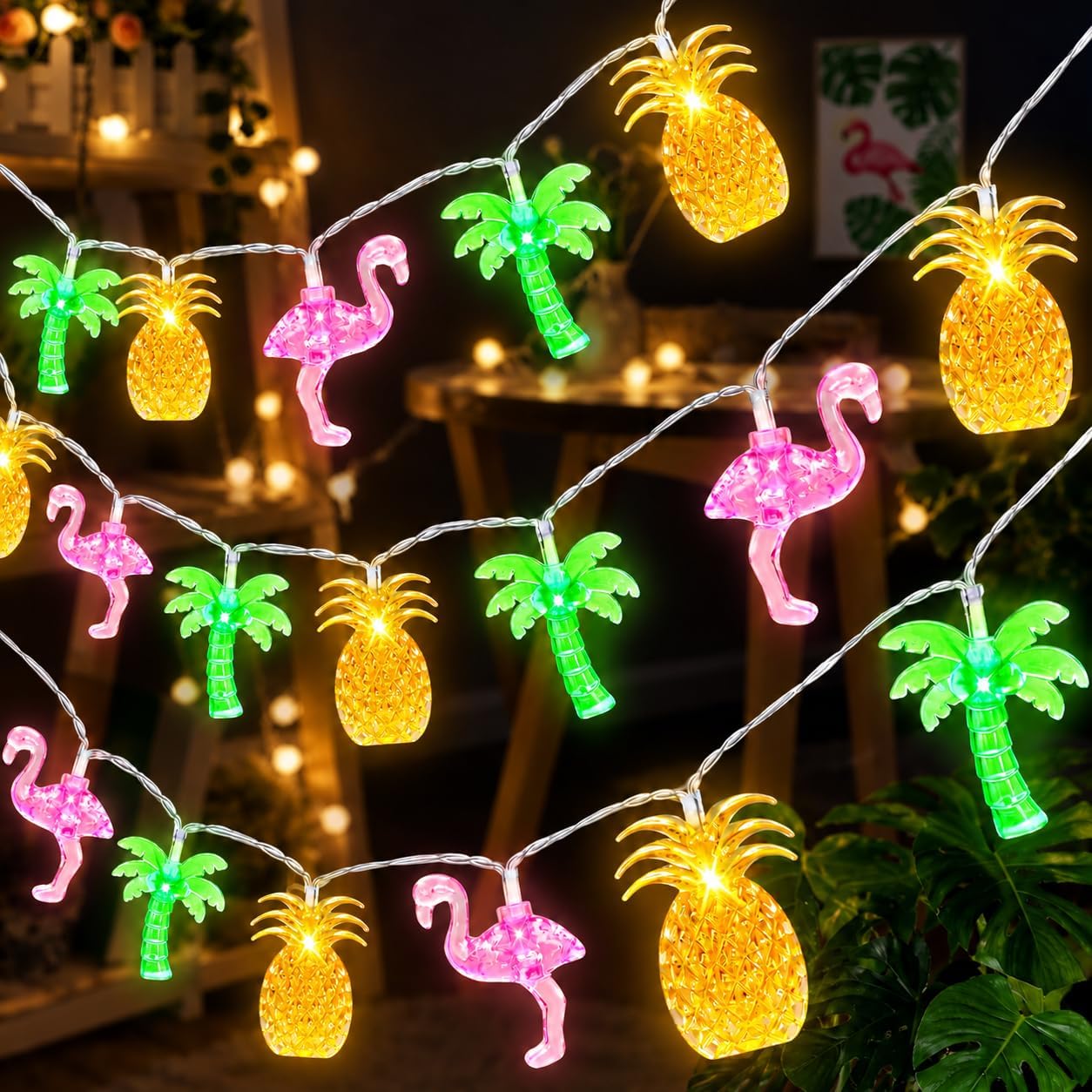 Tanglewick 30 LED 16Ft Summer Beach Hawaiian String Lights - 8 Modes & Timer - Flamingo Pineapple Palm Tree Fairy Lights - Battery Operated for