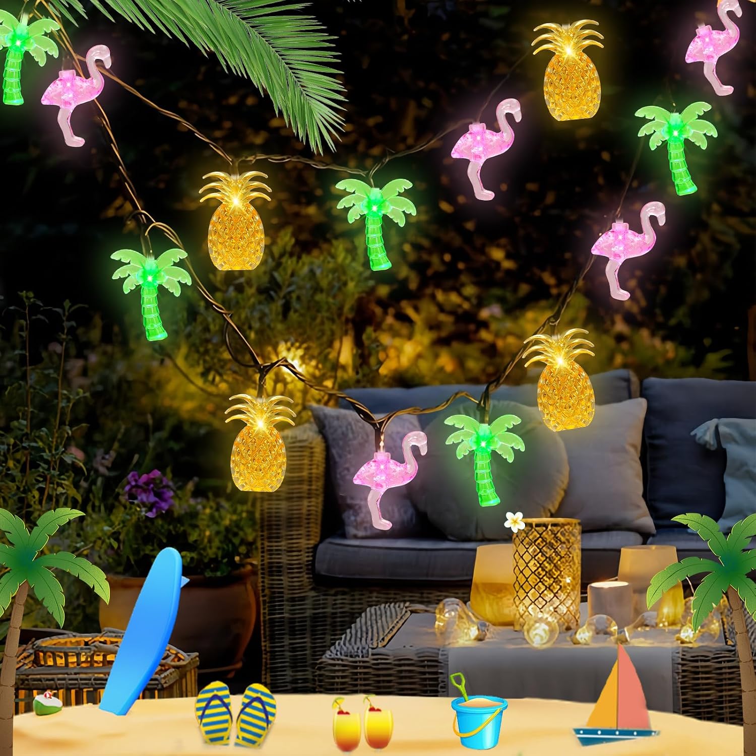 Tanglewick 30 LED 16Ft Summer Beach Hawaiian String Lights - 8 Modes & Timer - Flamingo Pineapple Palm Tree Fairy Lights - Battery Operated for