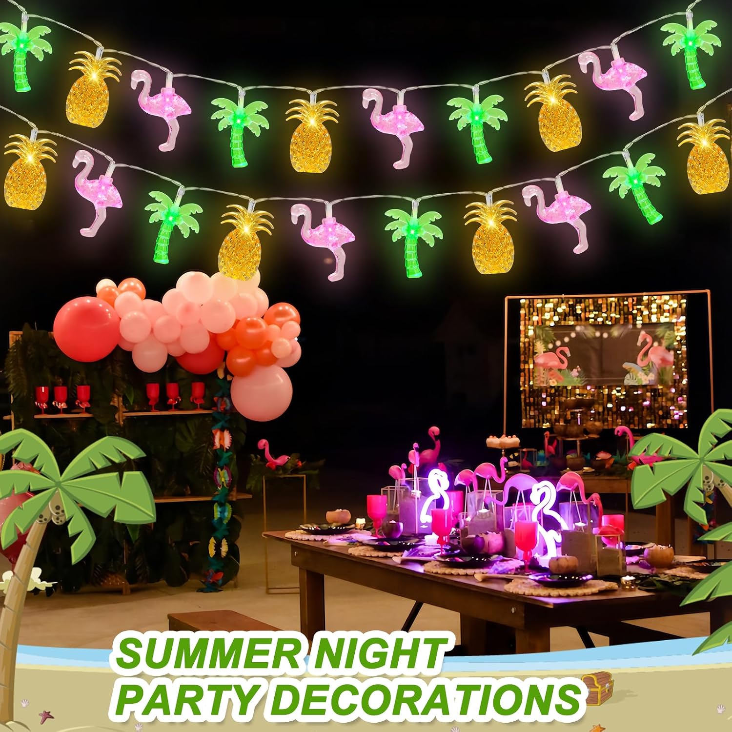 Tanglewick 30 LED 16Ft Summer Beach Hawaiian String Lights - 8 Modes & Timer - Flamingo Pineapple Palm Tree Fairy Lights - Battery Operated for