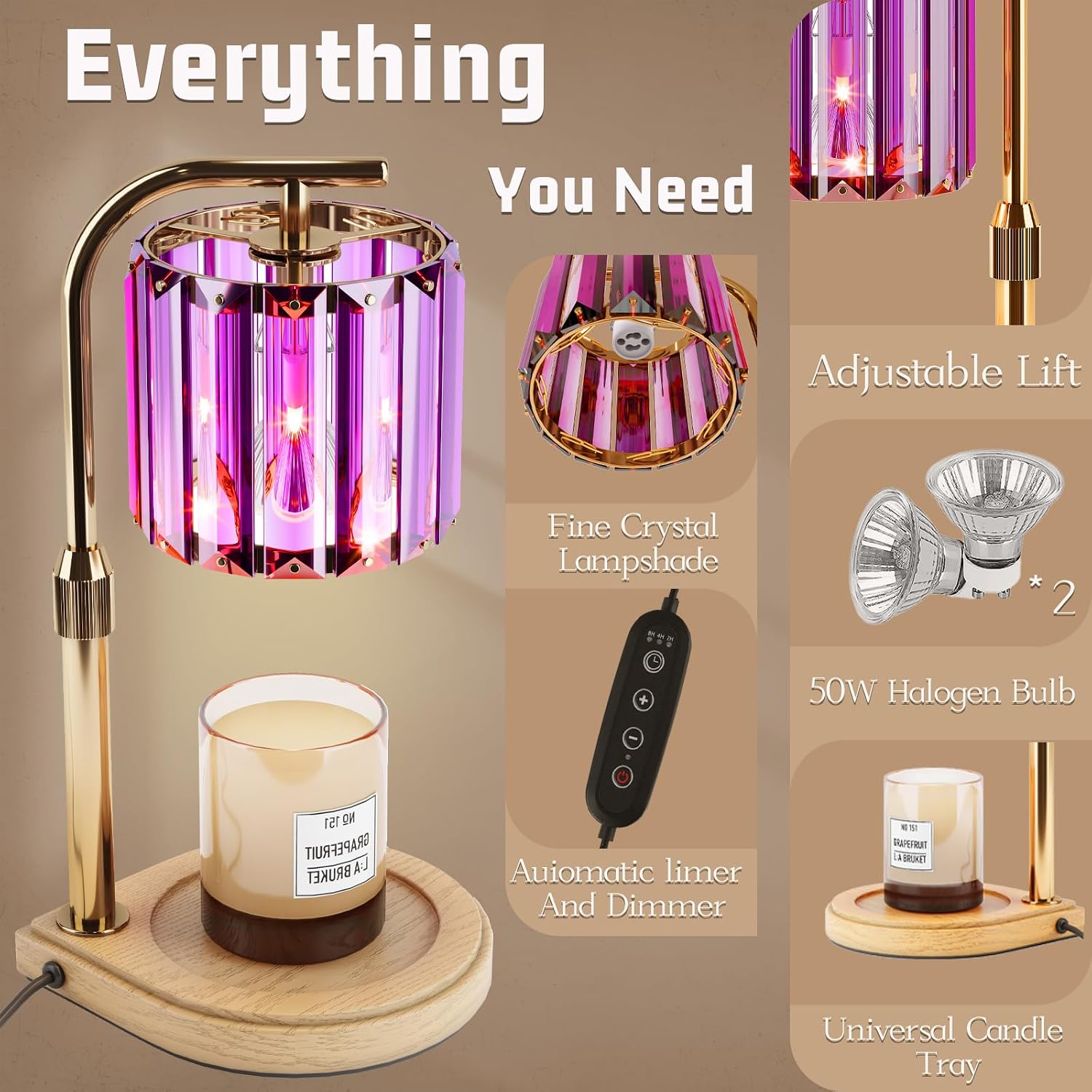 VelloHome Purple Candle Warmer Lamp with Timer & Dimmer, Gifts for Women, 2.5 pounds