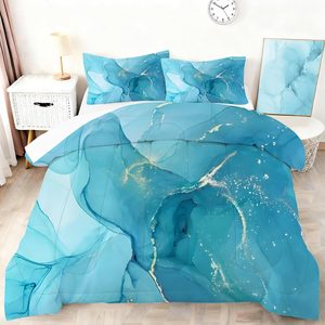 Aldernest Modern Marbling Twin Comforter Set for Girls Marble Bedding Set Watercolor Pastel Blue Gold Comforter Set Marble Abstract Kids Bedding Set 2