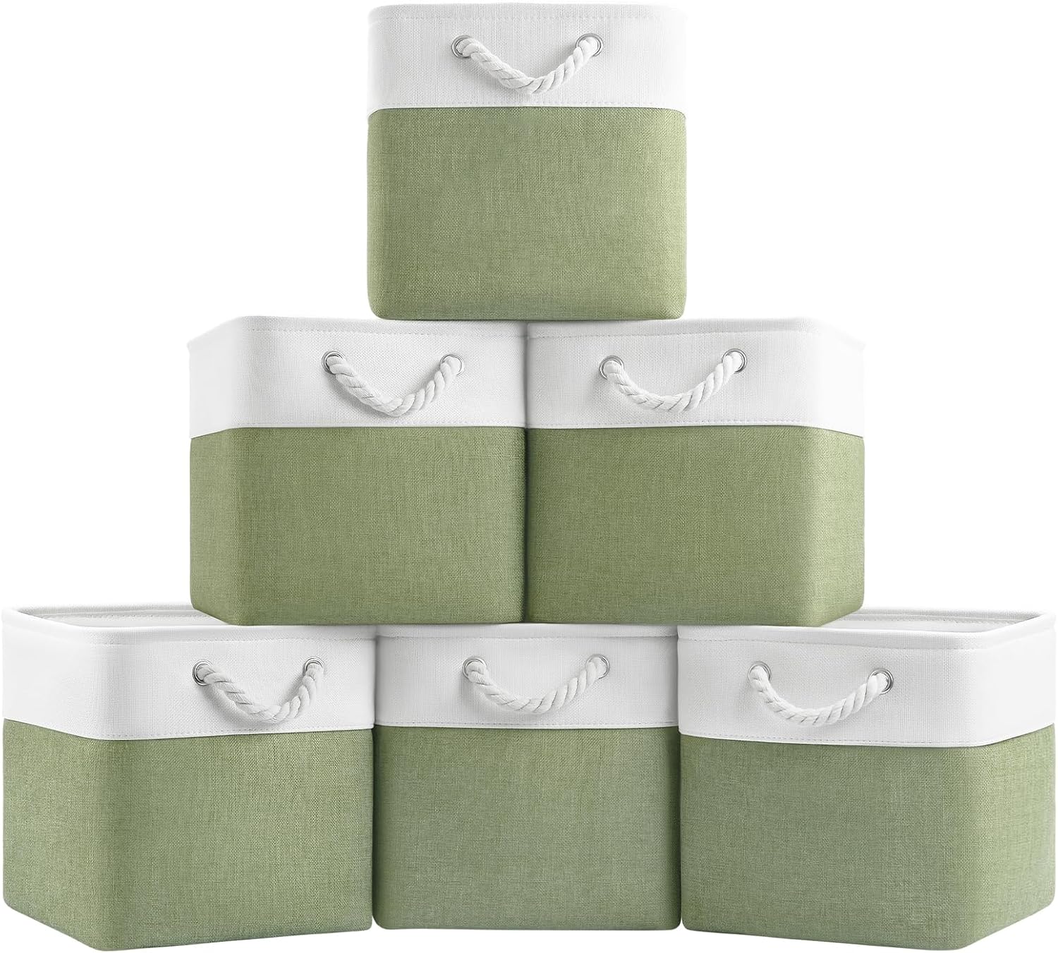 Aldernest 11-Inch Fabric Cube Storage Bins with Handles, 6 Pack | Foldable, 1.86 kg, White/Green