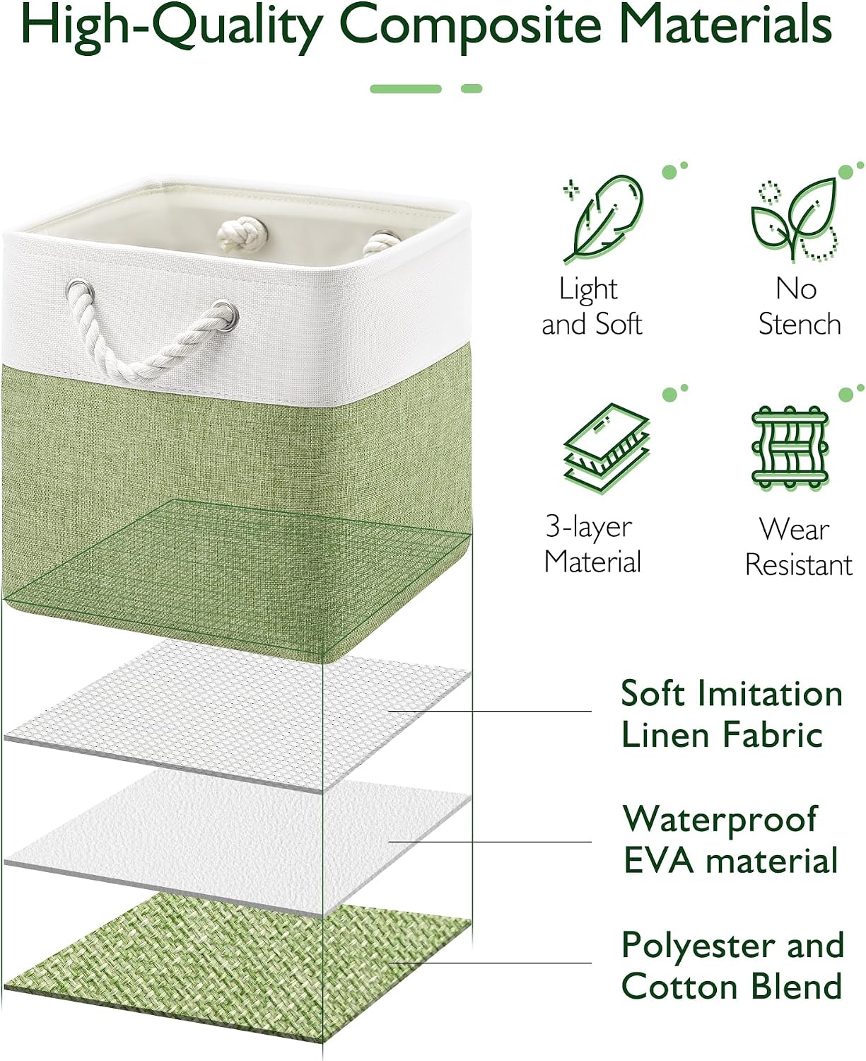 Aldernest 11-Inch Fabric Cube Storage Bins with Handles, 6 Pack | Foldable, 1.86 kg, White/Green
