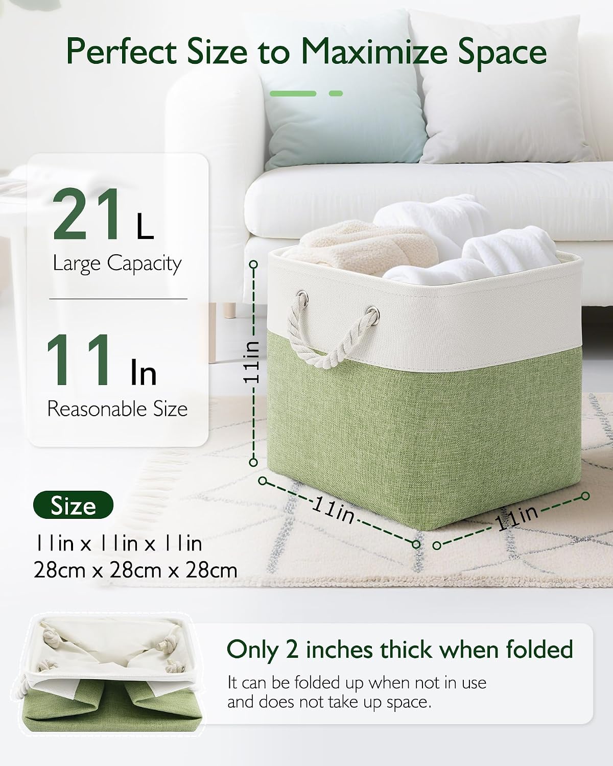 Aldernest 11-Inch Fabric Cube Storage Bins with Handles, 6 Pack | Foldable, 1.86 kg, White/Green
