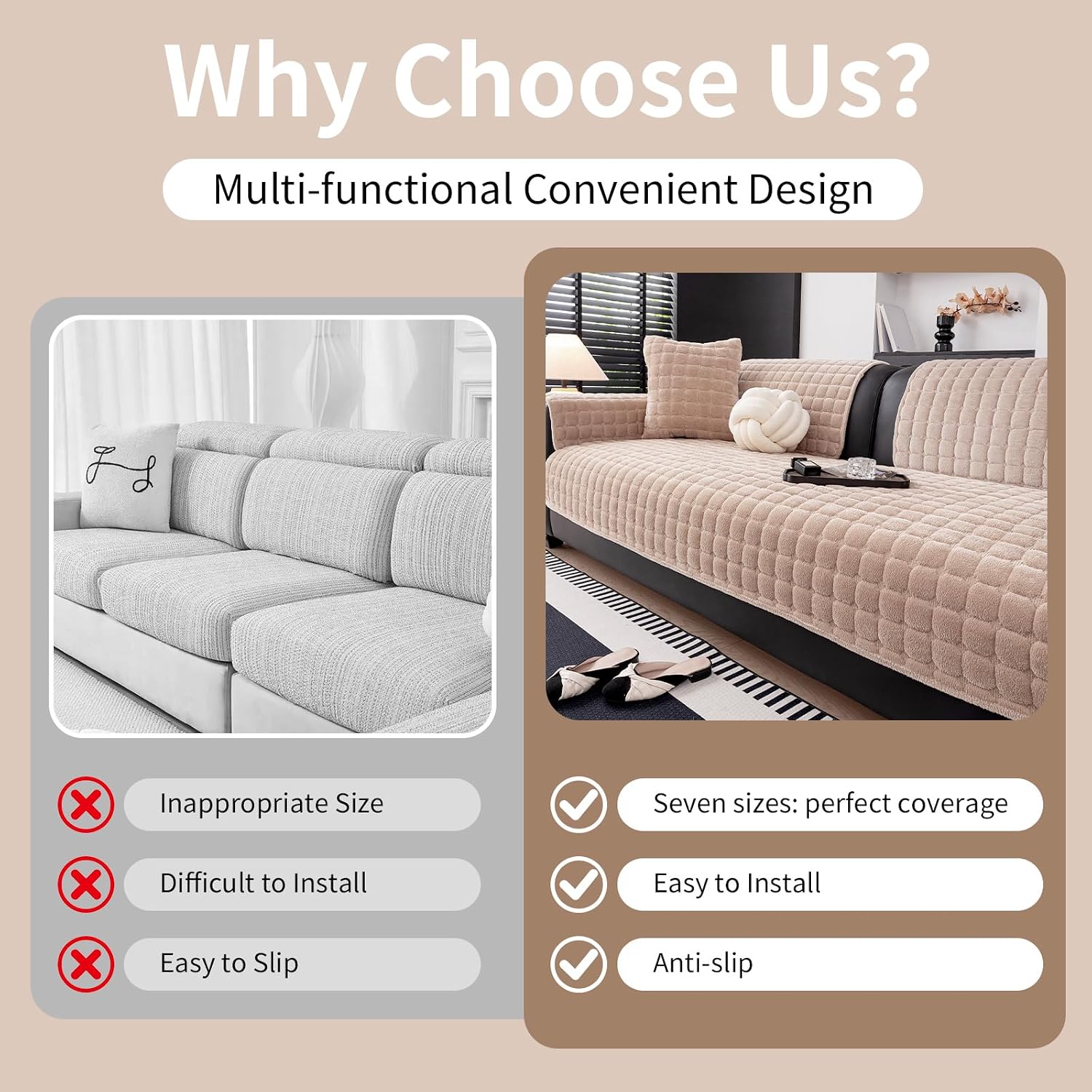 Aldernest Sectional Velvet Couch Covers for Sofa, Sofa Cover Washable, 1PC, 0.99 kg, Khaki