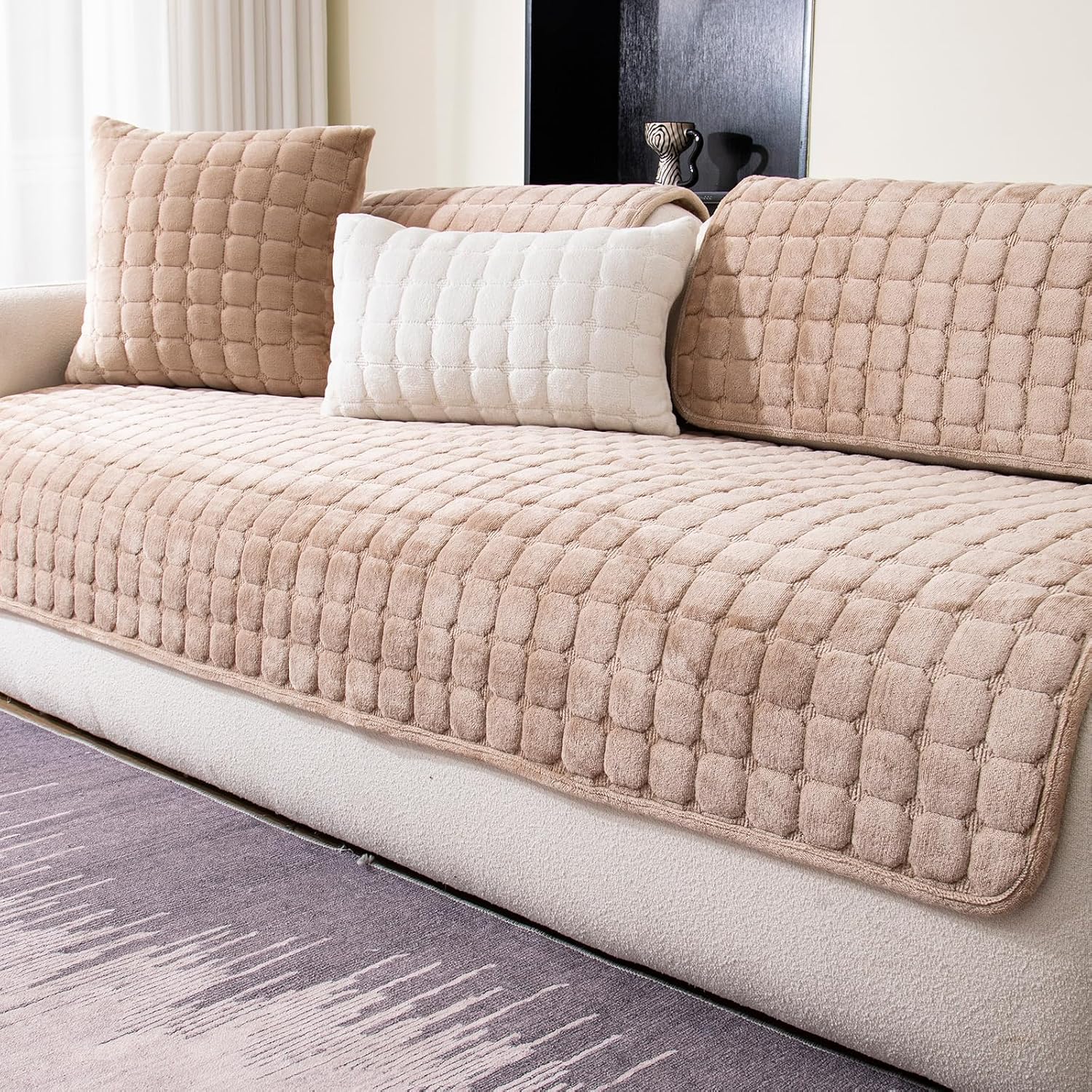 Aldernest Sectional Velvet Couch Covers for Sofa, Sofa Cover Washable, 1PC, 0.99 kg, Khaki