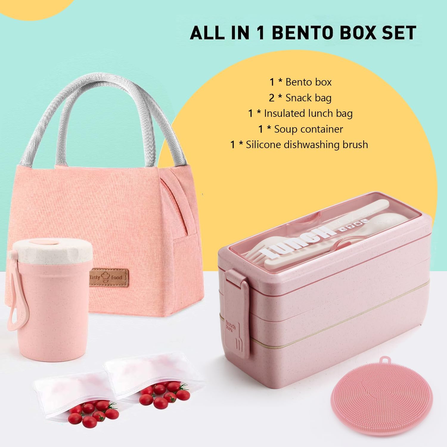Ashenby Bento Box Japanese Lunch Box Kit Leakproof Bento Lunch Box for Kids Adults Wheat Straw 3 Layer Stackable Lunch Containers with Compartment
