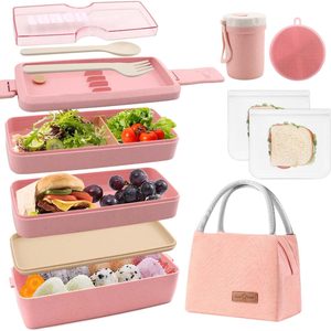 Ashenby Bento Box Japanese Lunch Box Kit Leakproof Bento Lunch Box for Kids Adults Wheat Straw 3 Layer Stackable Lunch Containers with Compartment