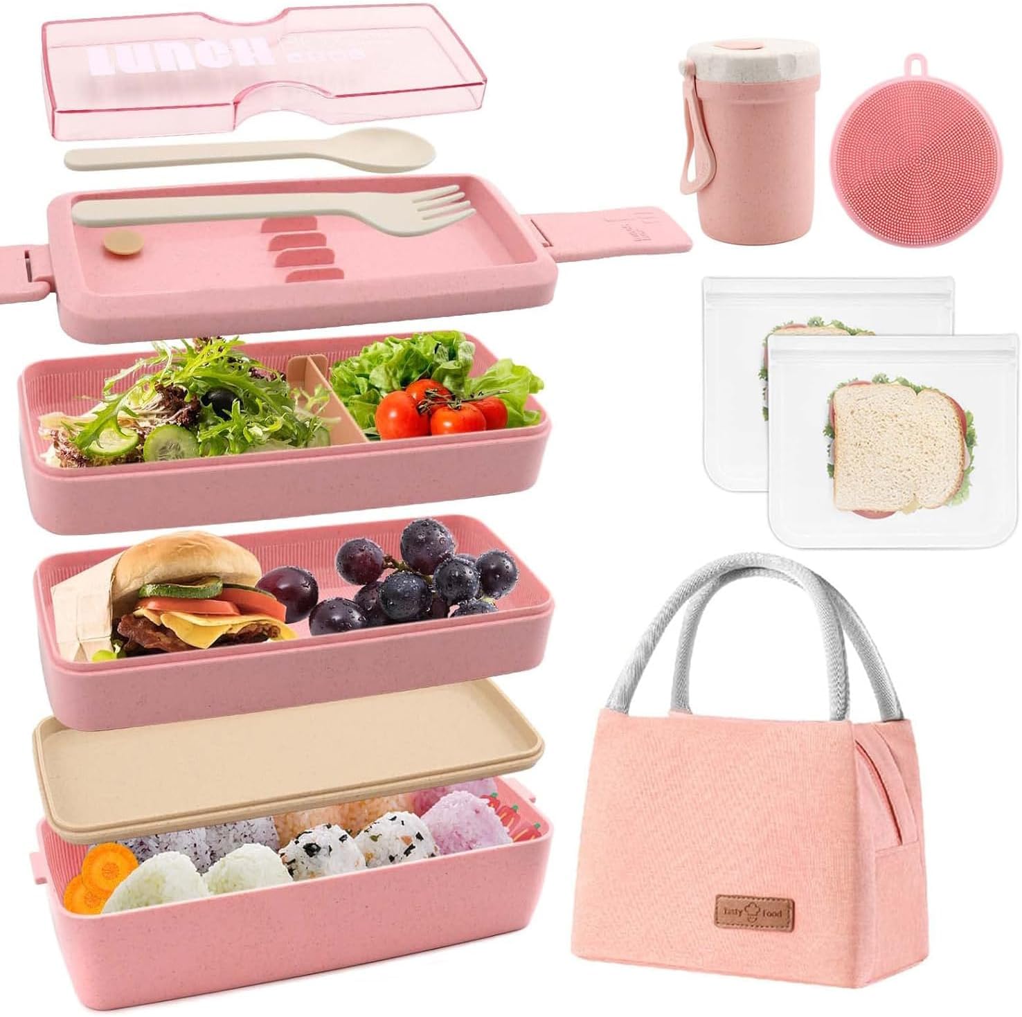 Ashenby Bento Box Japanese Lunch Box Kit Leakproof Bento Lunch Box for Kids Adults Wheat Straw 3 Layer Stackable Lunch Containers with Compartment
