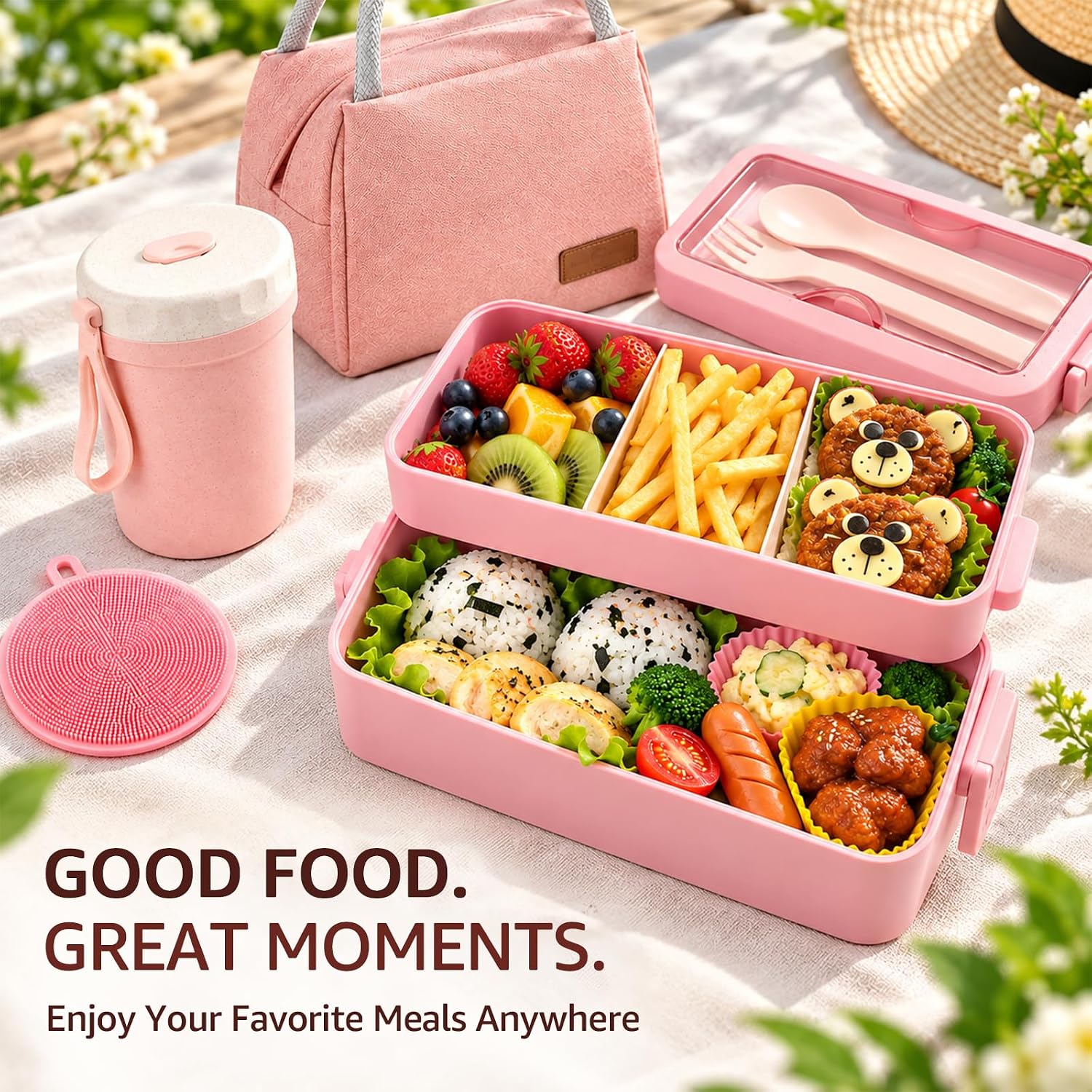 Ashenby Bento Box Japanese Lunch Box Kit Leakproof Bento Lunch Box for Kids Adults Wheat Straw 3 Layer Stackable Lunch Containers with Compartment