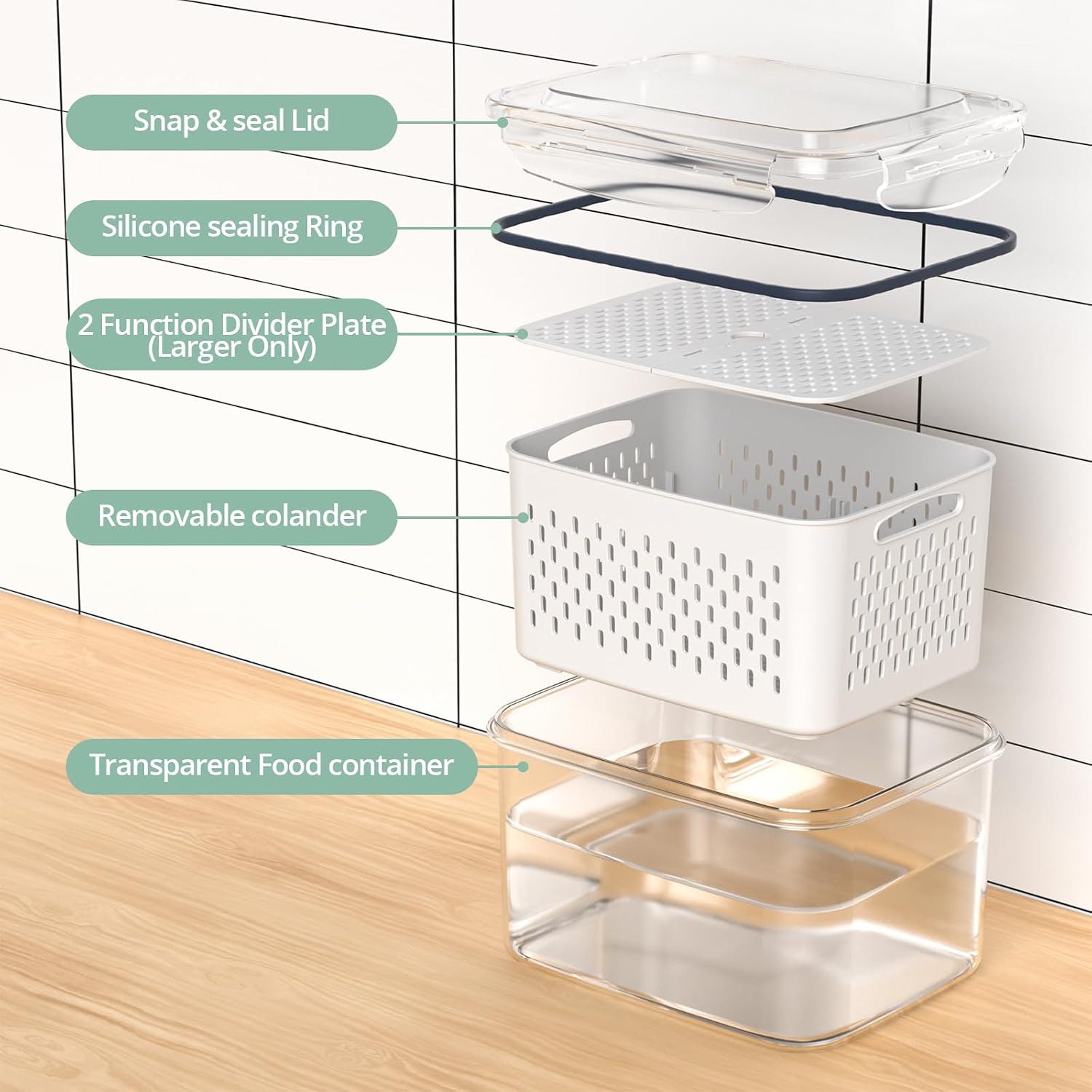 Ashenby 8 Pack Fridge Fruit Storage Containers with Removable Colander, 200 g, 112 oz/3300 ml, Gray