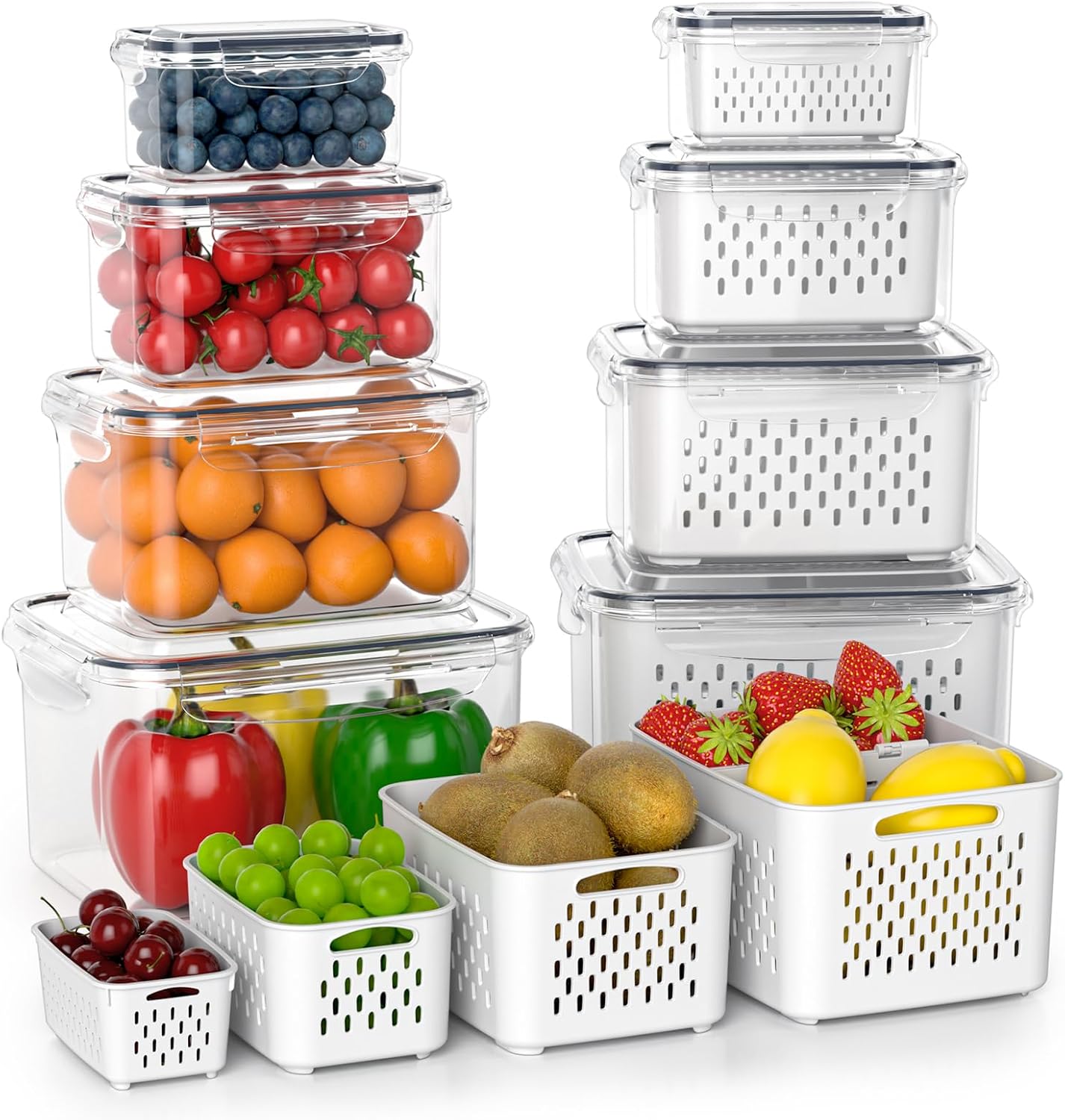 Ashenby 8 Pack Fridge Fruit Storage Containers with Removable Colander, 200 g, 112 oz/3300 ml, Gray