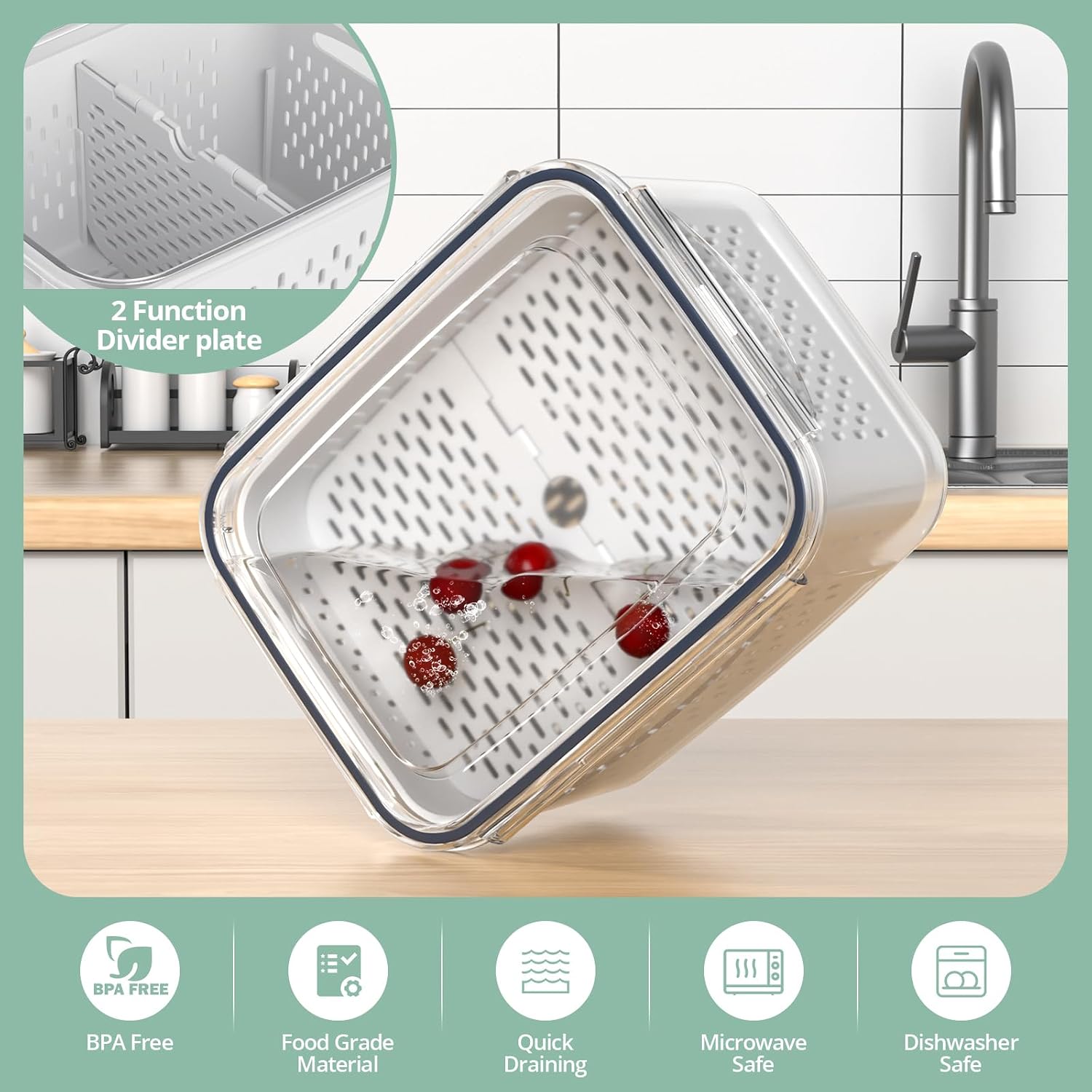 Ashenby 8 Pack Fridge Fruit Storage Containers with Removable Colander, 200 g, 112 oz/3300 ml, Gray