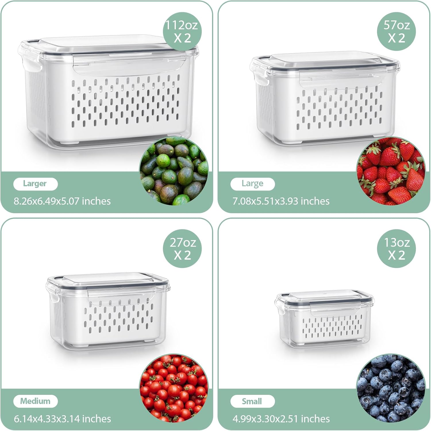 Ashenby 8 Pack Fridge Fruit Storage Containers with Removable Colander, 200 g, 112 oz/3300 ml, Gray