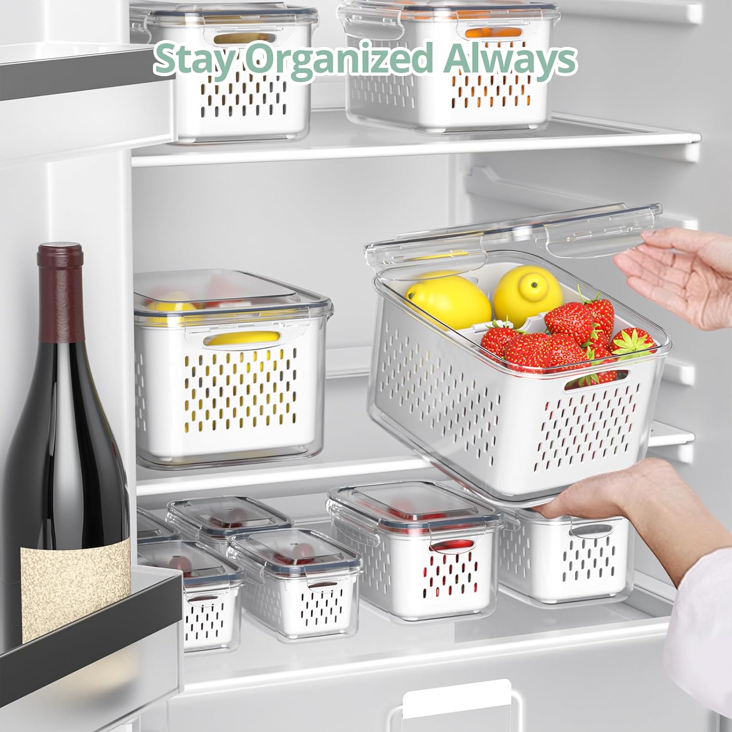 Ashenby 8 Pack Fridge Fruit Storage Containers with Removable Colander, 200 g, 112 oz/3300 ml, Gray