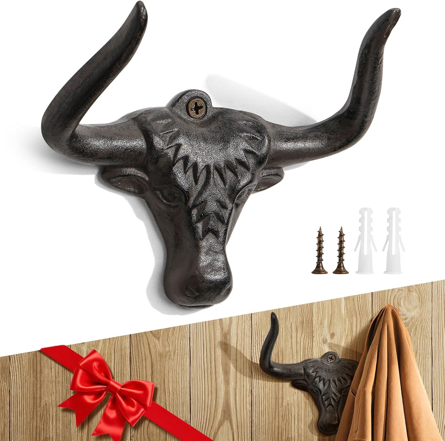 Rowanmere Cast Iron Bull Coat Hook, Western Wall Hook, Western decor, Rust, 2 Pack, Antique Rust