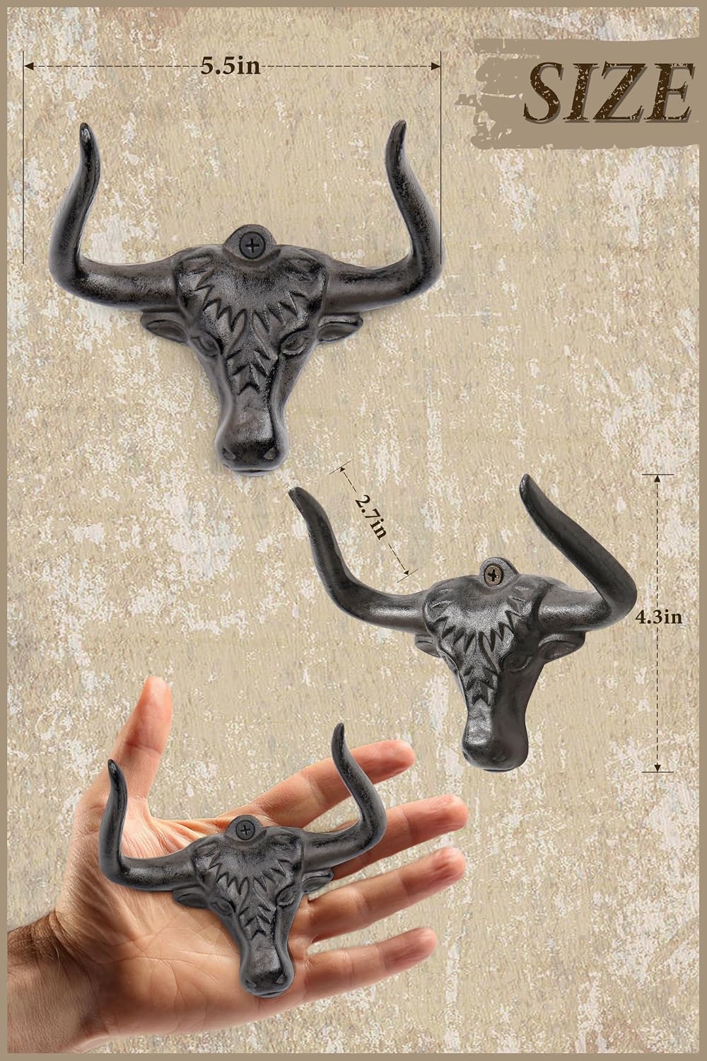 Rowanmere Cast Iron Bull Coat Hook, Western Wall Hook, Western decor, Rust, 2 Pack, Antique Rust