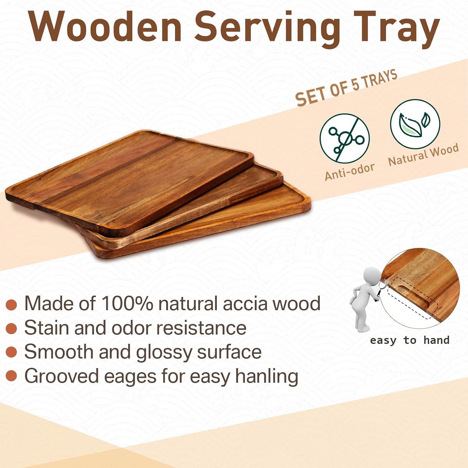 Birchmont 5 Pack Solid Acacia Wood Serving Trays for Food, 13 x 9 Inch, 3.9 pounds, Brown