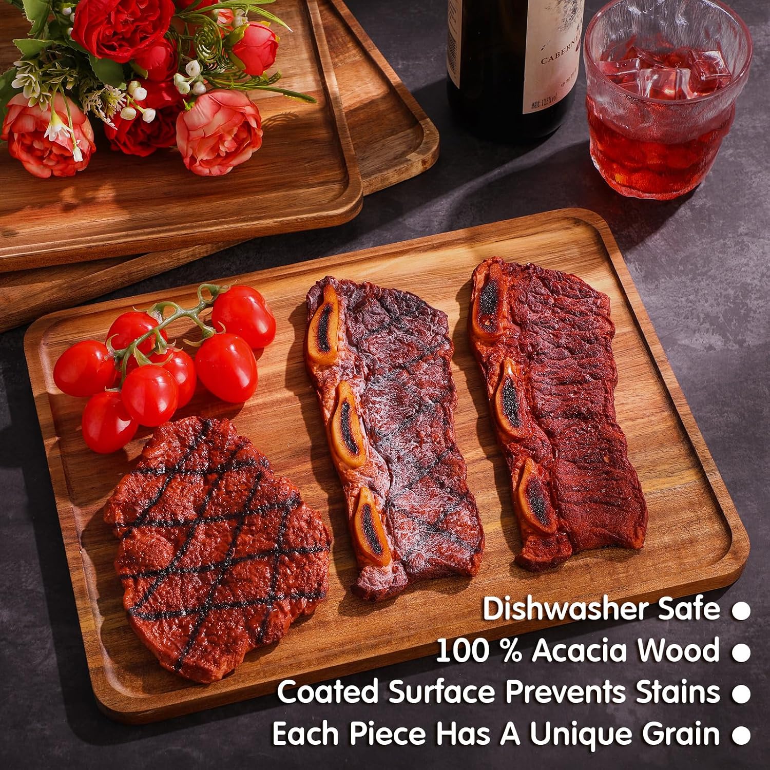 Birchmont 5 Pack Solid Acacia Wood Serving Trays for Food, 13 x 9 Inch, 3.9 pounds, Brown