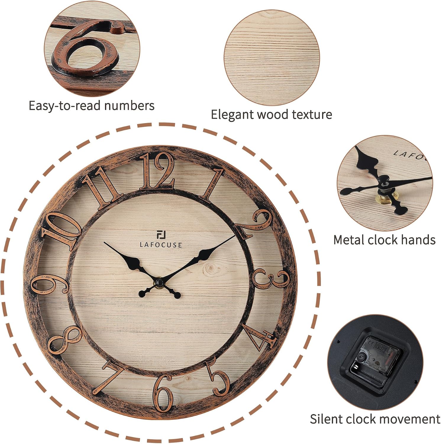 Ashenby 12 Inch Brown Kitchen Farmhouse Wall Clocks Battery Operated, Diameter: 12"(30 cm)