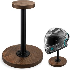 Ashenby Industrial Style Helmet Stand, Solid Wood and Black Metal Pipe Cap and Wig Display Stand