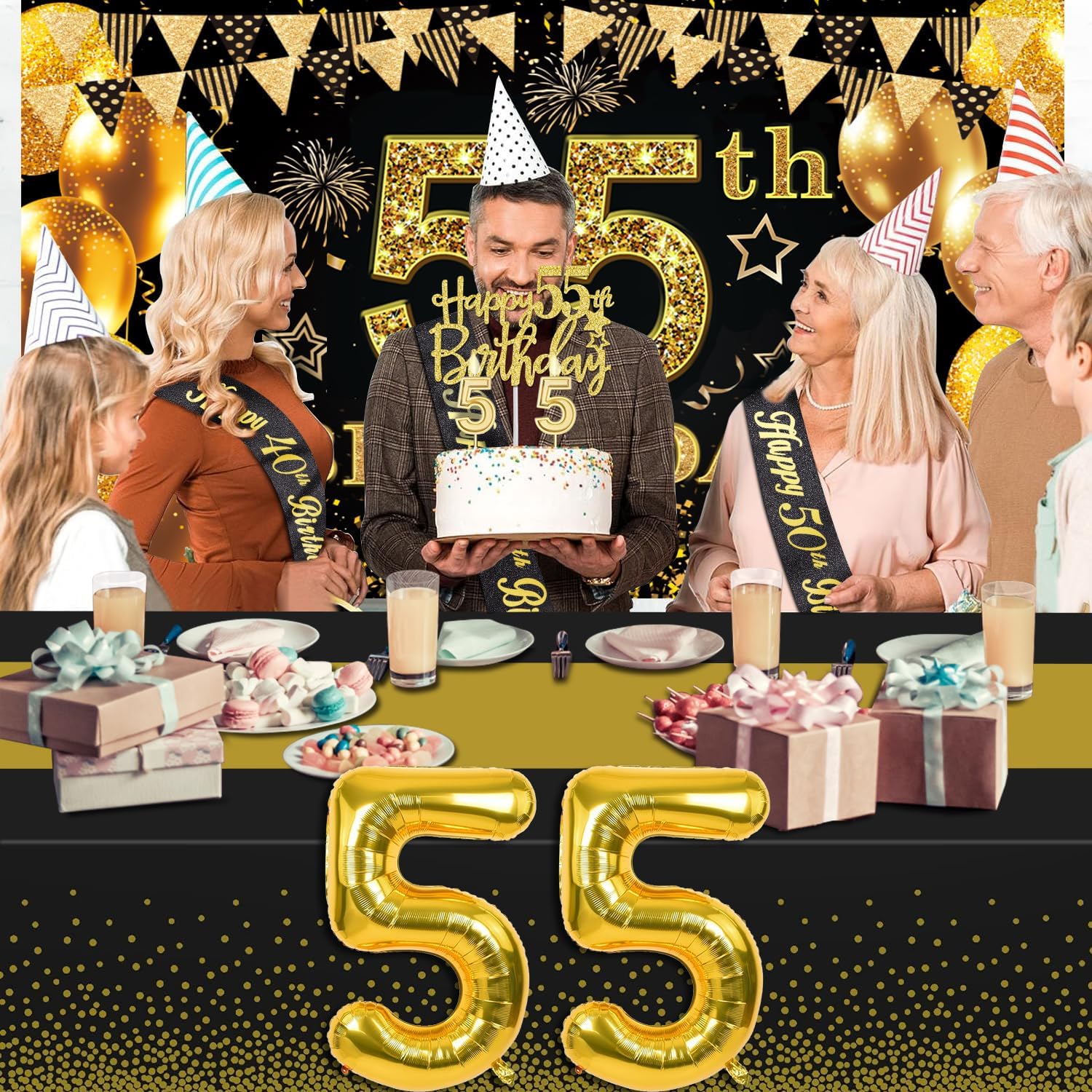 Ashenby 55th Birthday Decorations for Men Women Black Gold, Black and Gold, 8 Count