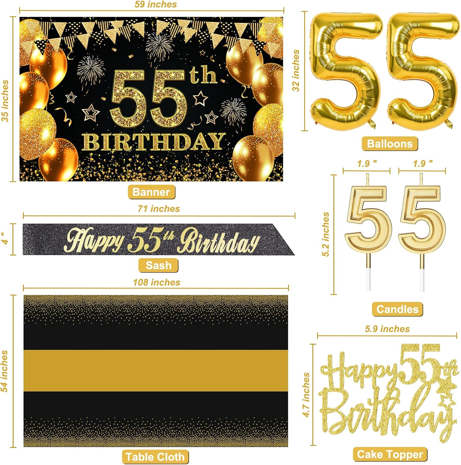 Ashenby 55th Birthday Decorations for Men Women Black Gold, Black and Gold, 8 Count