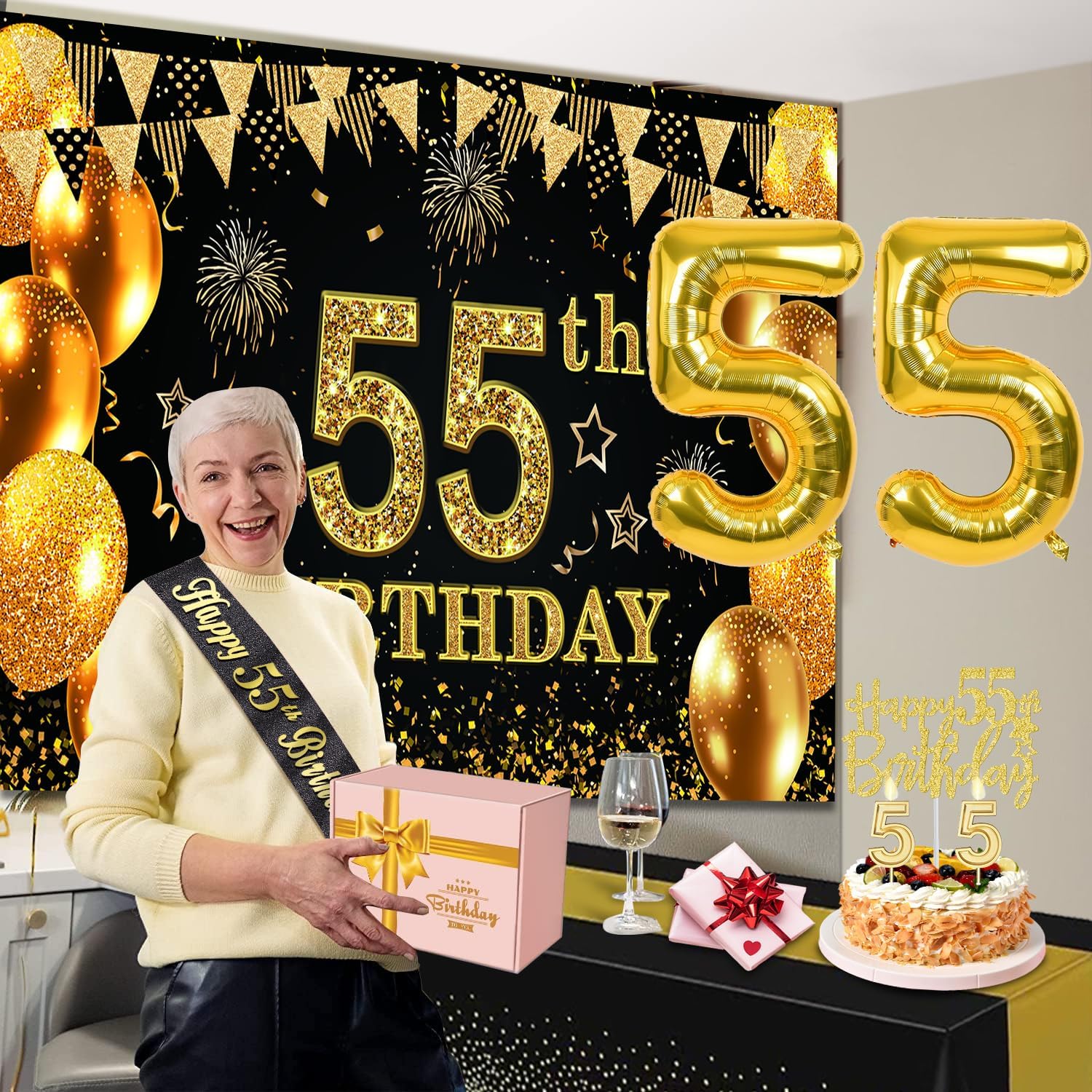 Ashenby 55th Birthday Decorations for Men Women Black Gold, Black and Gold, 8 Count