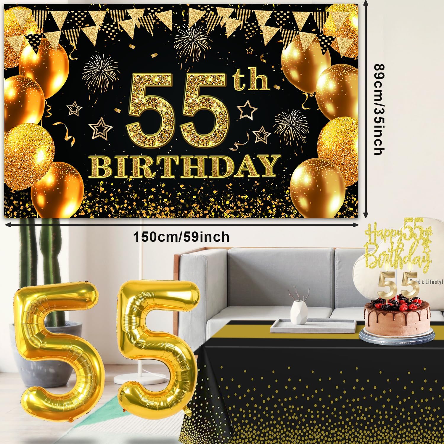 Ashenby 55th Birthday Decorations for Men Women Black Gold, Black and Gold, 8 Count