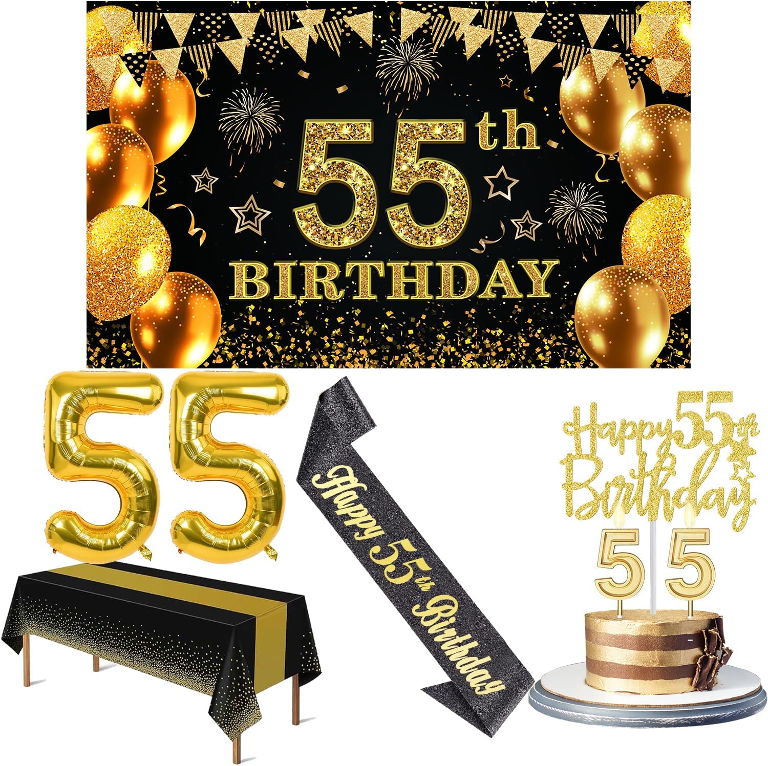 Ashenby 55th Birthday Decorations for Men Women Black Gold, Black and Gold, 8 Count