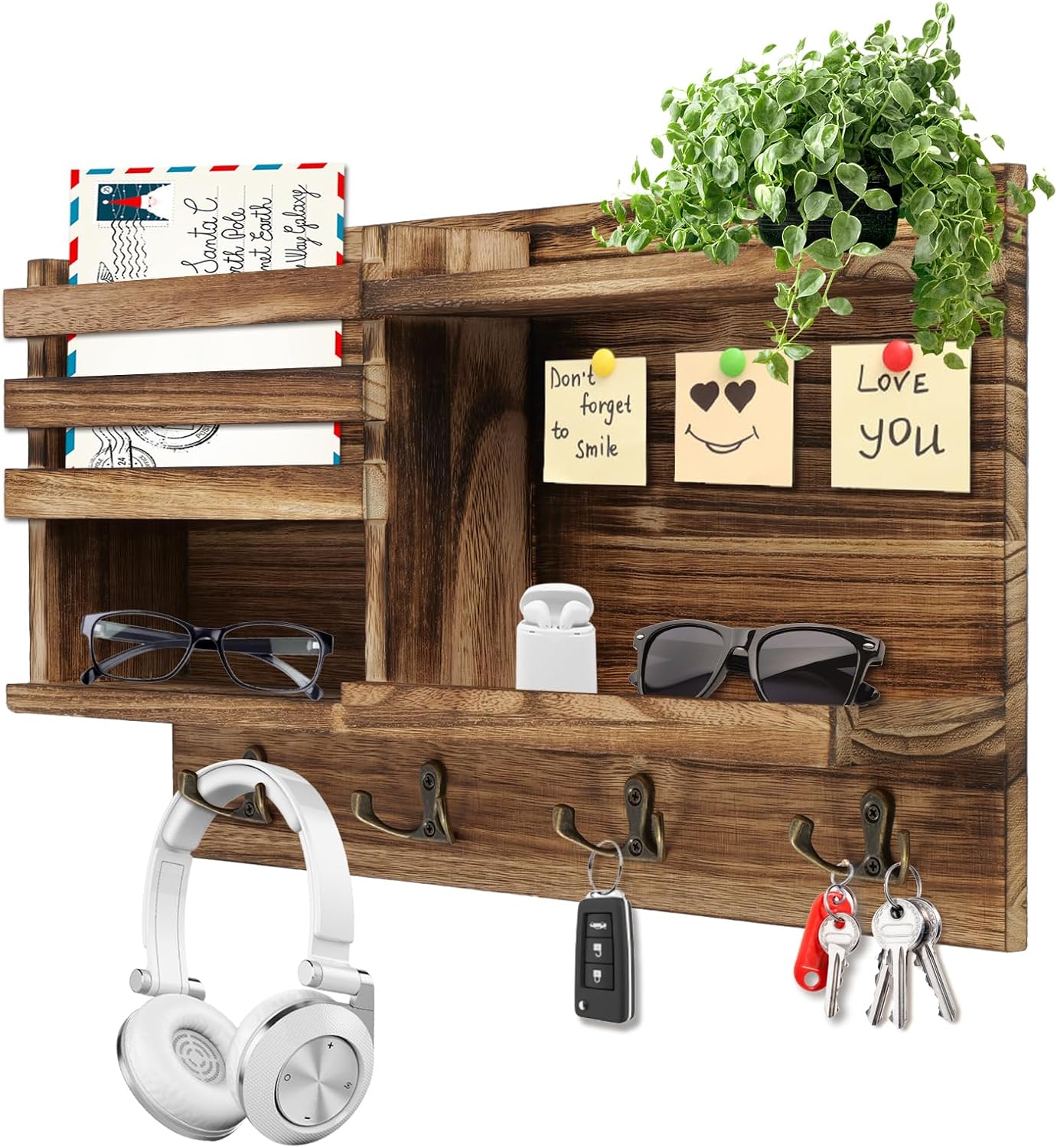 Aldernest Key Holder Wall Mount, Wood Key and Mail Organizer for Wall, Burnt Brown, 0.8 kg