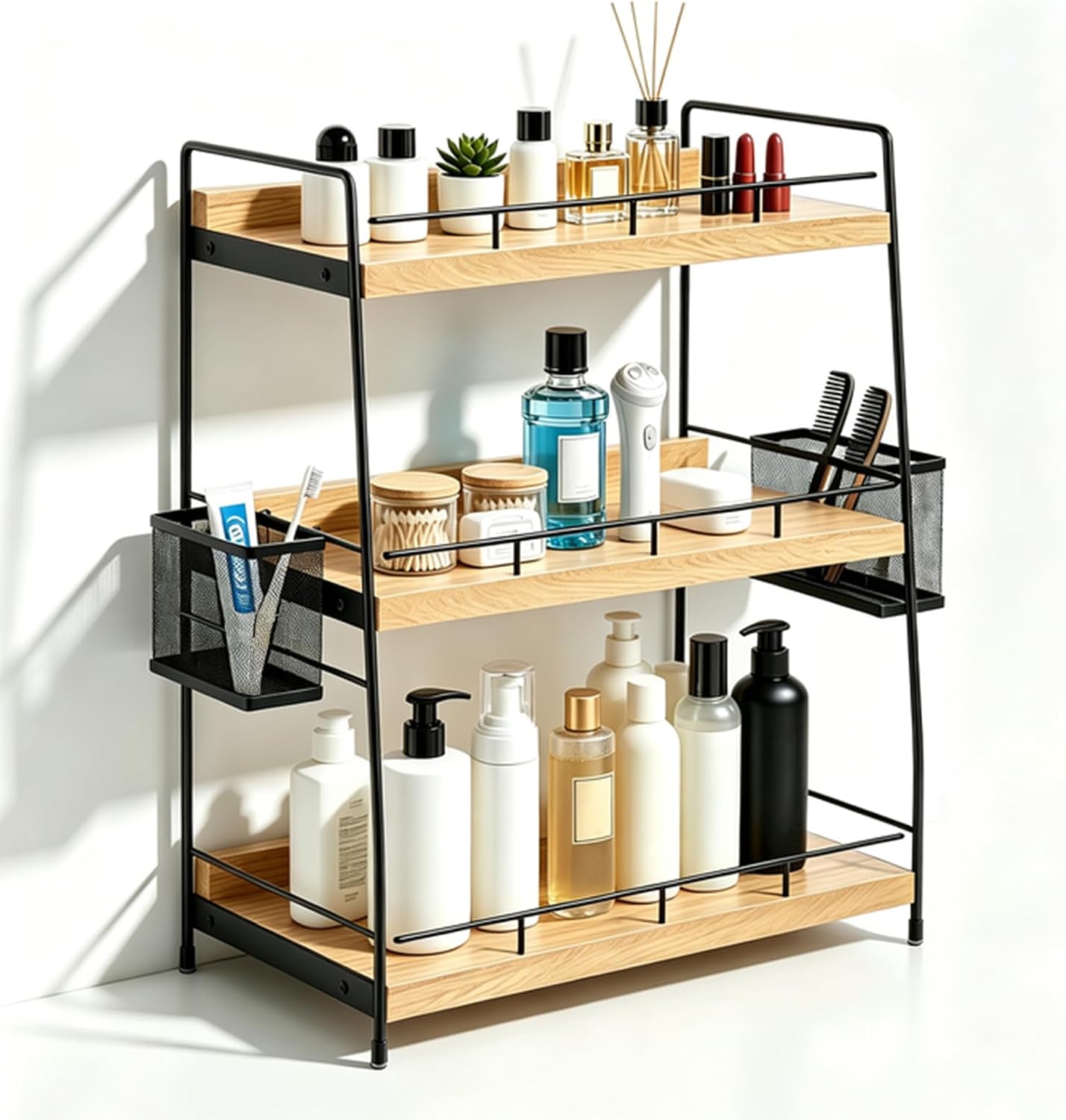 Aldernest Wood 3 Tier Bathroom Counter Organizer with Side Baskets Fits Tall Bottles, Brown