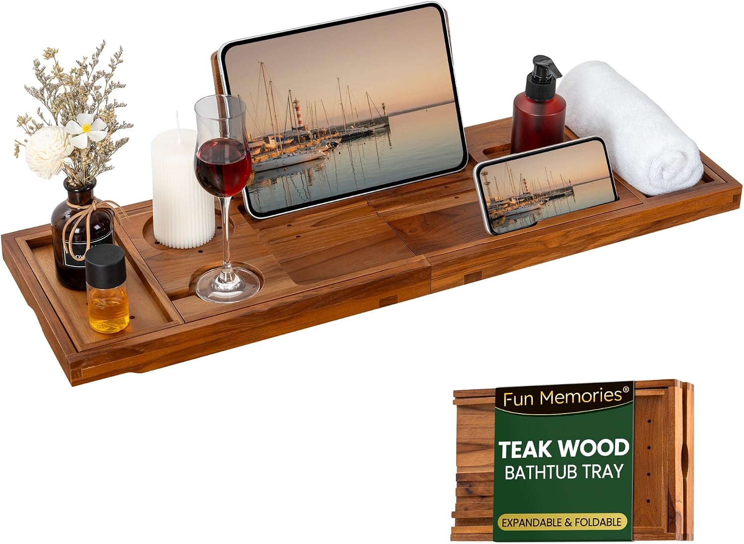 Barleyfield Teak Bathtub Tray - Luxury Bath Tray with Expandable Handles, 1.98 kg, Light Walnut-expandable