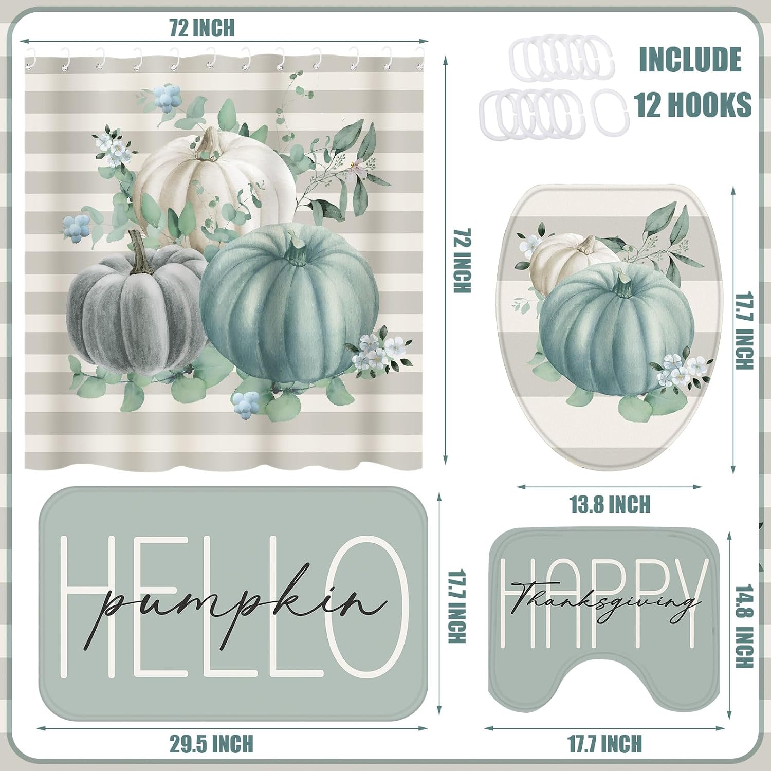 Ashenby 4 Pcs Fall Bathroom Decor Set Sage Green Pumpkin Shower Curtain Set, 1.7 pounds, 9.8"W x 15"L (Pack of 4), Blue Pumpkin
