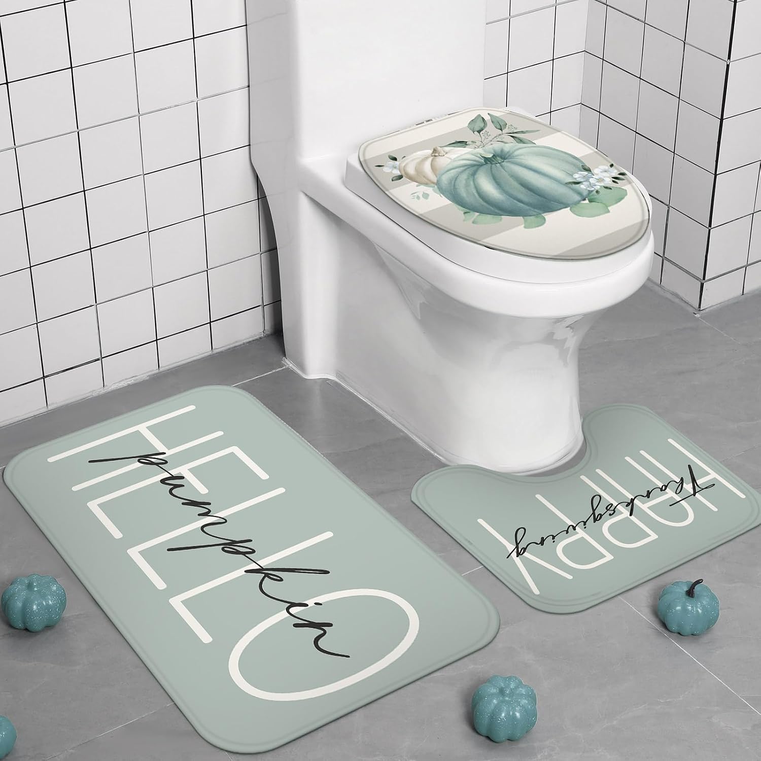 Ashenby 4 Pcs Fall Bathroom Decor Set Sage Green Pumpkin Shower Curtain Set, 1.7 pounds, 9.8"W x 15"L (Pack of 4), Blue Pumpkin