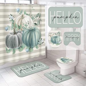 Ashenby 4 Pcs Fall Bathroom Decor Set Sage Green Pumpkin Shower Curtain Set, 1.7 pounds, 9.8"W x 15"L (Pack of 4), Blue Pumpkin