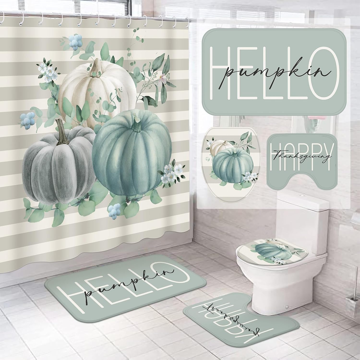 Ashenby 4 Pcs Fall Bathroom Decor Set Sage Green Pumpkin Shower Curtain Set, 1.7 pounds, 9.8"W x 15"L (Pack of 4), Blue Pumpkin