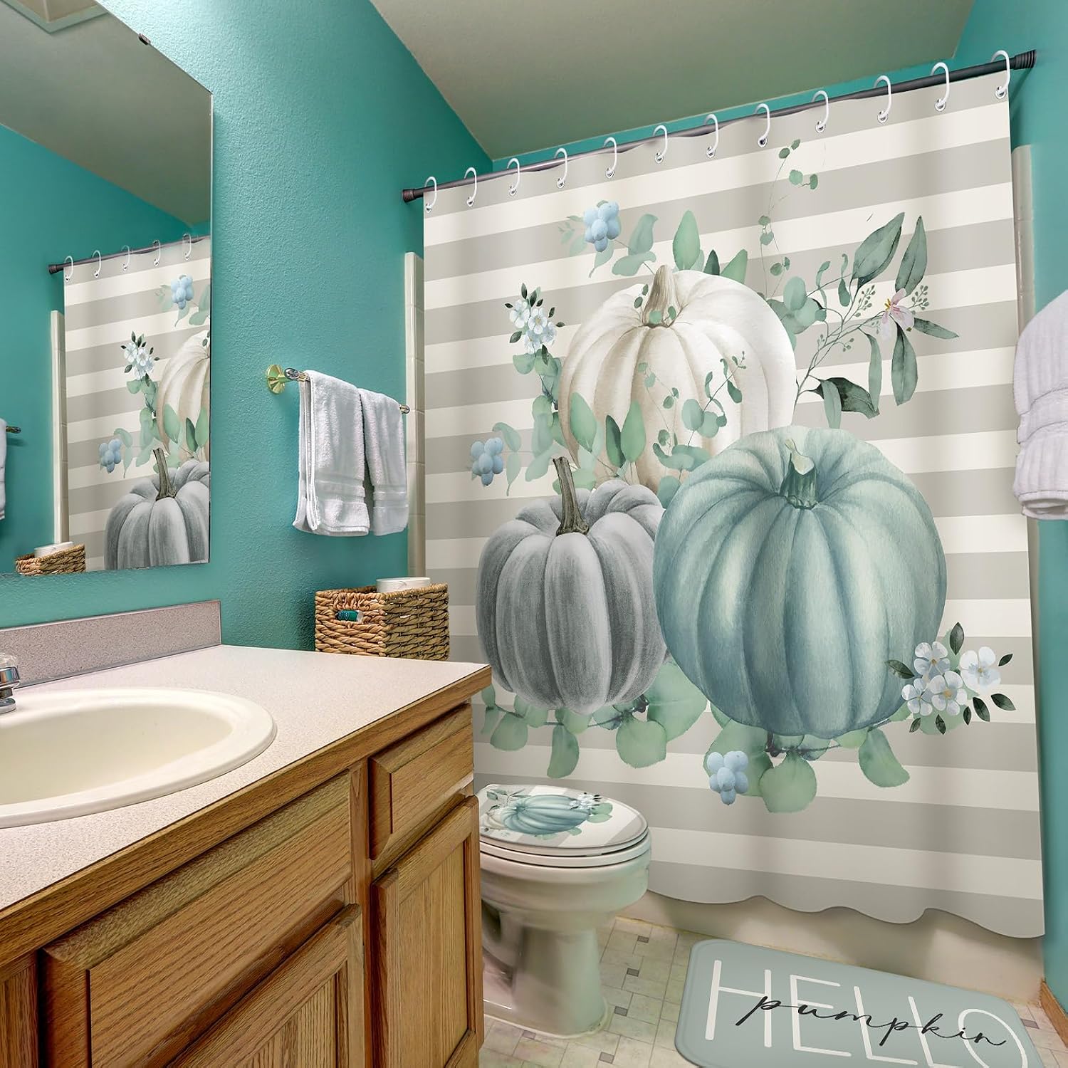 Ashenby 4 Pcs Fall Bathroom Decor Set Sage Green Pumpkin Shower Curtain Set, 1.7 pounds, 9.8"W x 15"L (Pack of 4), Blue Pumpkin