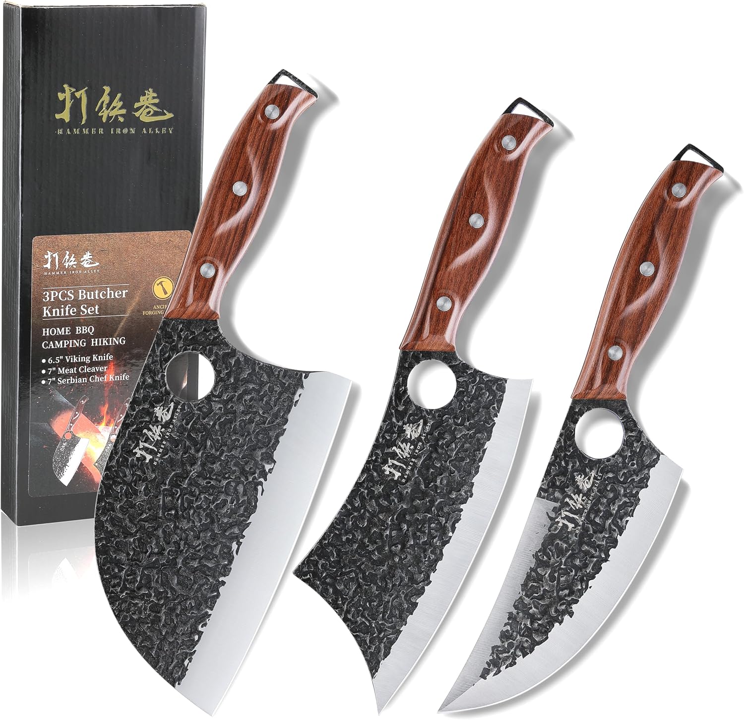 Aldernest 3PCS Butcher Knife Set, 7" Butcher Meat Cleaver, 1.5 pounds, 7" Serbian Knife + 7" Cleaver + 6.5" Viking Knife, Black