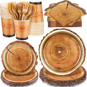 Barleyfield 144 Pieces Camping Wood Grain Slice Dinnerware Set Rustic Wood Party Supplies Paper Plates Napkins Serve 24 for Forest Themed Party