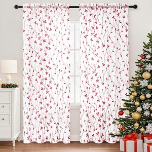 Ashenby Christmas Red Sheer Curtain for Living Room 84 Inches Long 2 Panels Set, 1.2 pounds