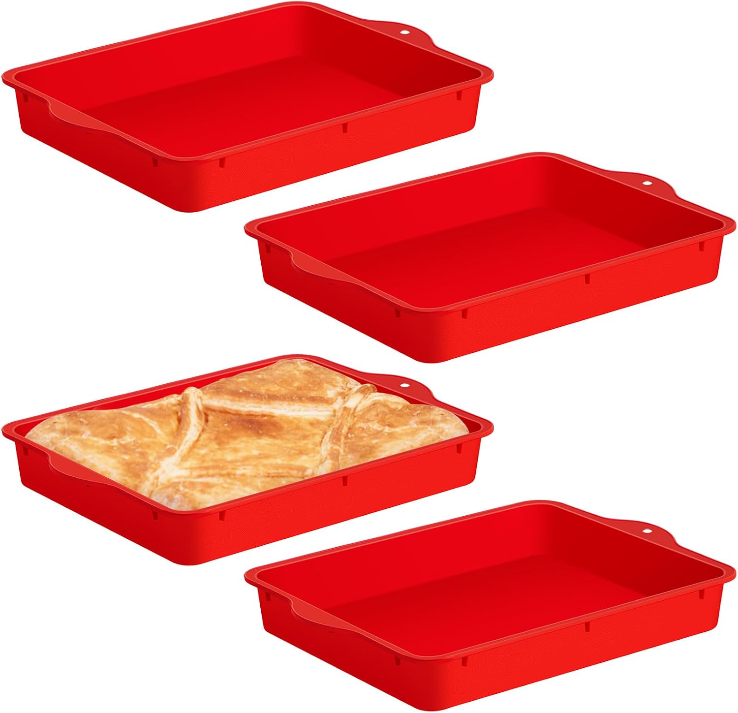 Barleyfield Set of 4 Silicone Square Cake Pan Silicone Brownie Pan Nonstick Baking Mold for Muffin Bread Rice Crispy Lasagna Pie, Red