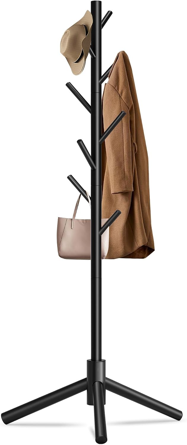 Aldernest 8-Hook Freestanding Wooden Coat Rack 3 Adjustable Heights Black, 1.59 kg