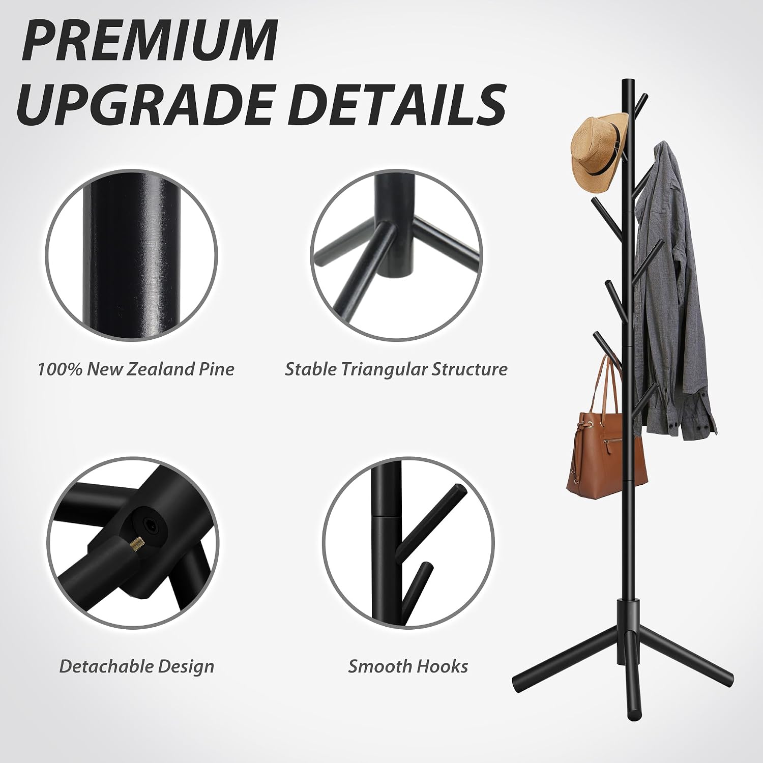 Aldernest 8-Hook Freestanding Wooden Coat Rack 3 Adjustable Heights Black, 1.59 kg