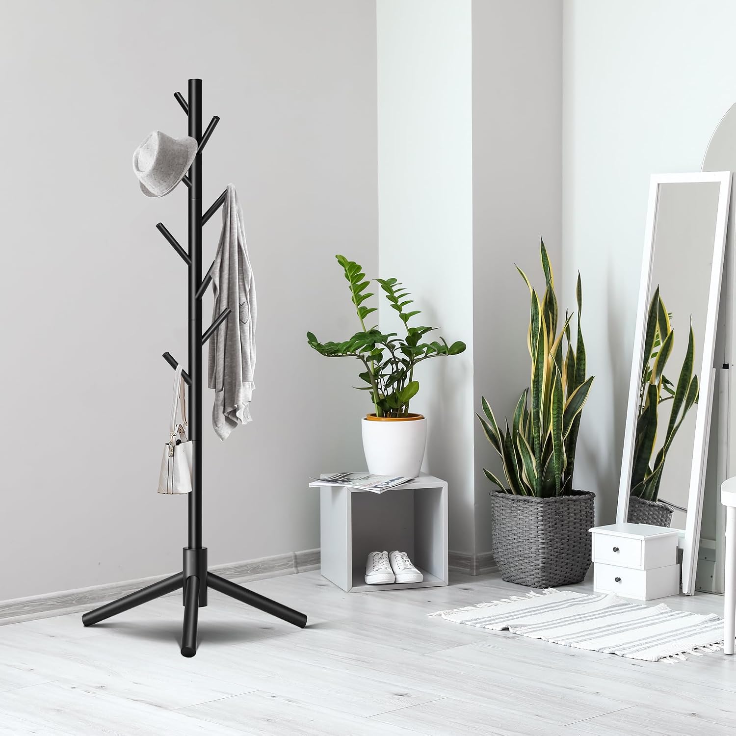 Aldernest 8-Hook Freestanding Wooden Coat Rack 3 Adjustable Heights Black, 1.59 kg
