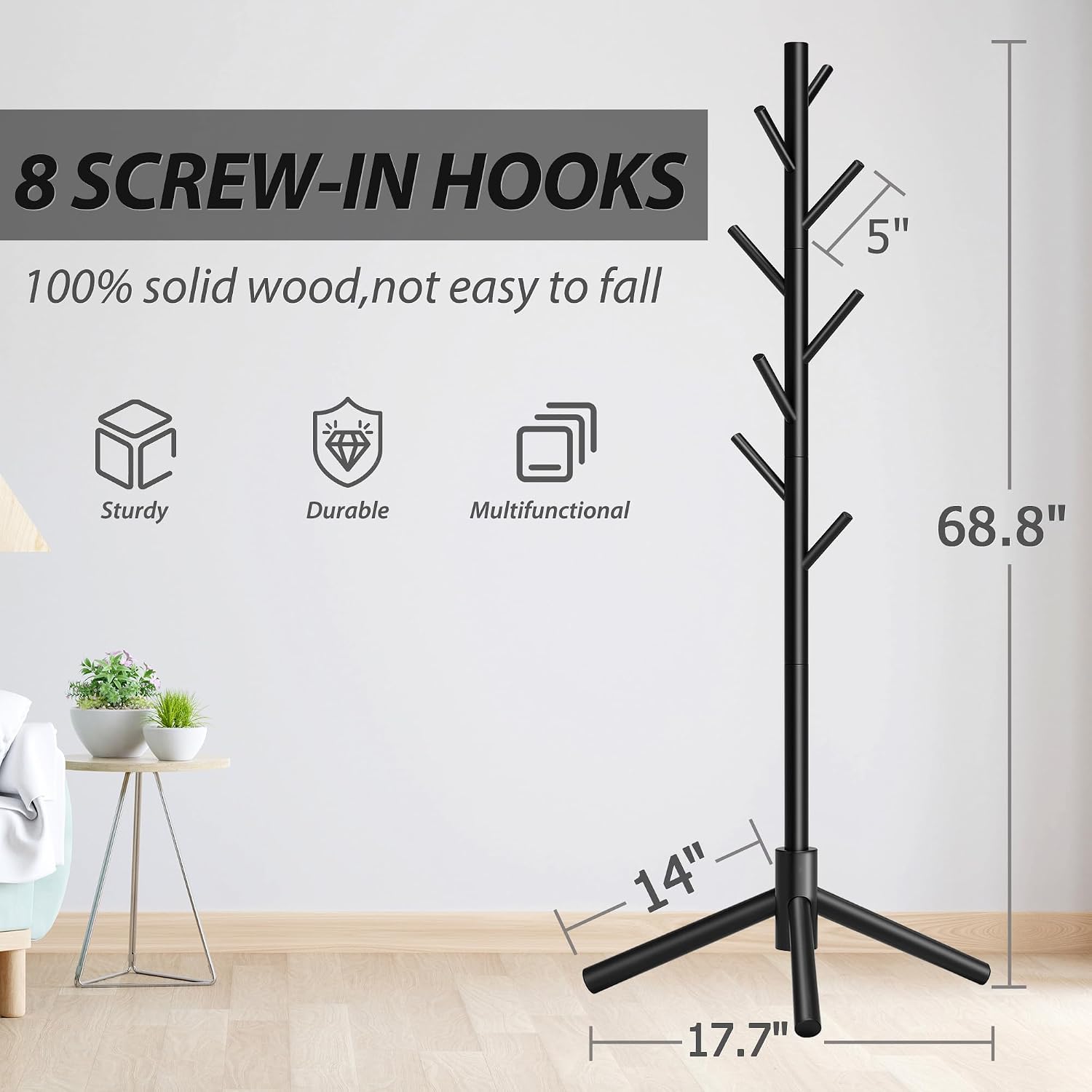 Aldernest 8-Hook Freestanding Wooden Coat Rack 3 Adjustable Heights Black, 1.59 kg