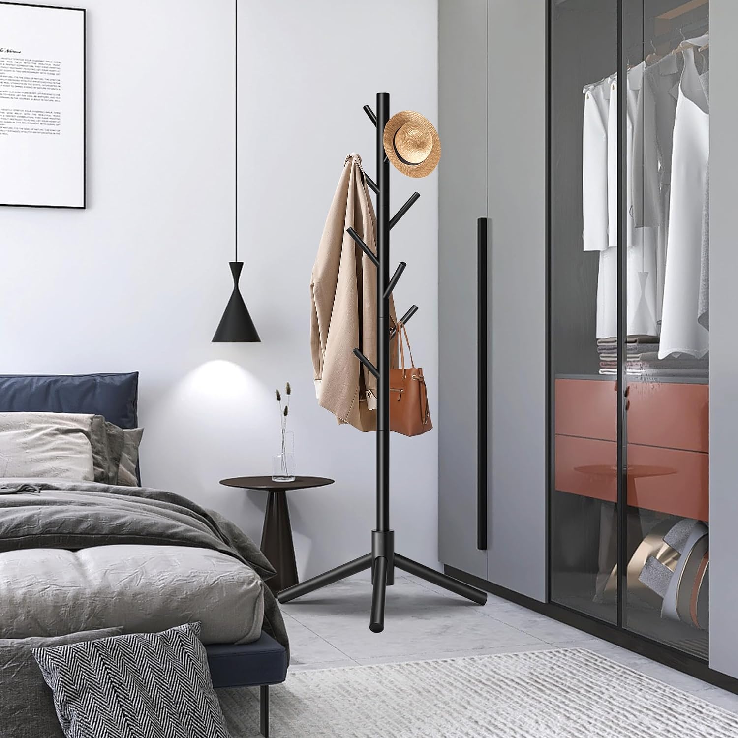Aldernest 8-Hook Freestanding Wooden Coat Rack 3 Adjustable Heights Black, 1.59 kg