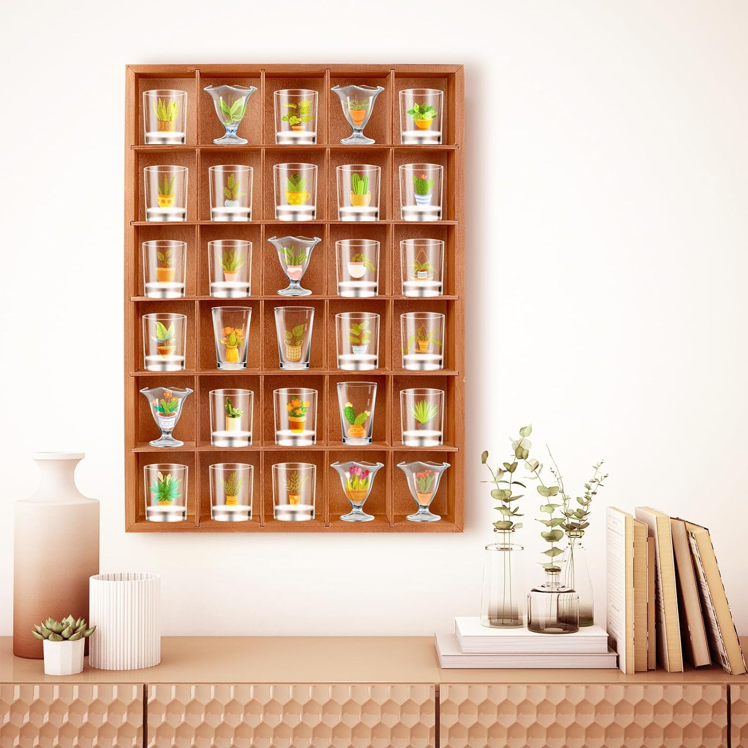 Ashenby 2 Pcs Shot Glass Display Case, Brown Wooden Shot Glass Shelf with Removable Shelves, 4.4 pounds